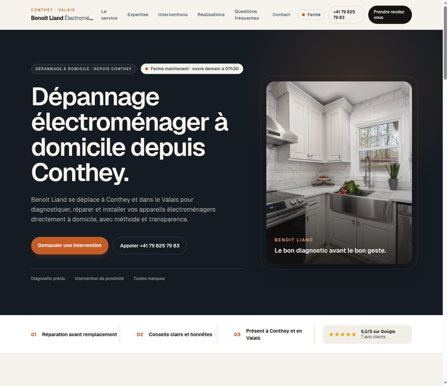 Capture du premier écran du site Benoit Liand Électroménager conçu par AppLynx