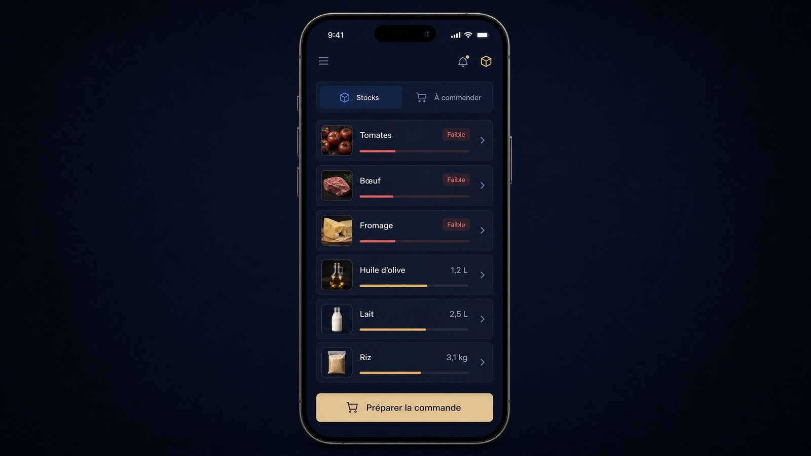 Écran mobile anonymisé de suivi des stocks